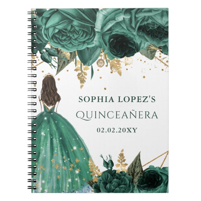 Emerald Green Gold Floral Princess Quinceanera Notizblock (Vorderseite)