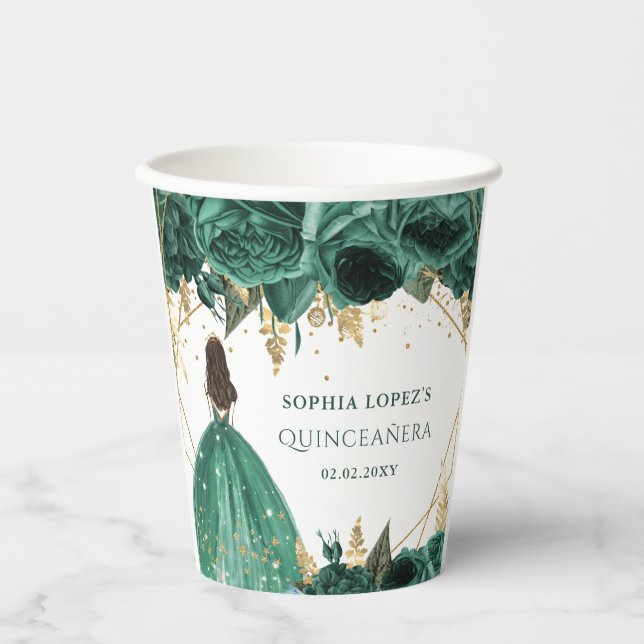 Emerald Green Gold Floral Princess Quinceanera Pappbecher (Vorderseite)