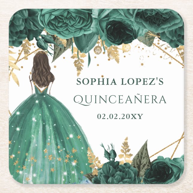 Emerald Green Gold Floral Princess Quinceanera Rechteckiger Pappuntersetzer (Vorderseite)
