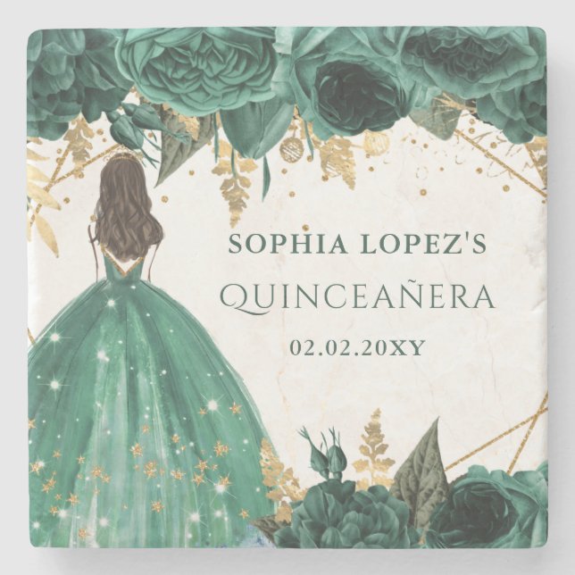 Emerald Green Gold Floral Princess Quinceanera Steinuntersetzer (Vorderseite)