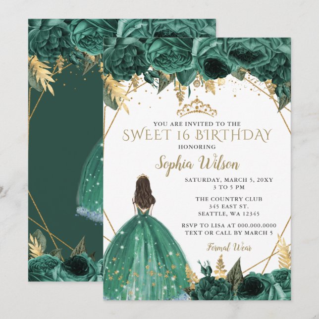 Emerald Green Gold Floral Princess SWEET 16 Einladung (Vorne/Hinten)