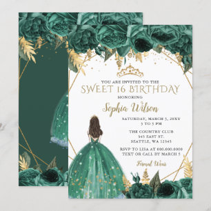 Emerald Green Gold Floral Princess SWEET 16 Einladung