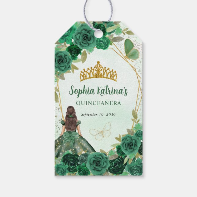 Emerald Green Gold Floral Princess Tiara Favor Geschenkanhänger (Vorderseite)