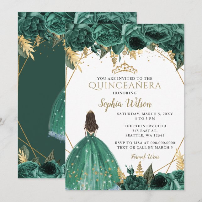 Emerald Green Gold Floral Prinzessin Quinceañera Einladung (Vorne/Hinten)