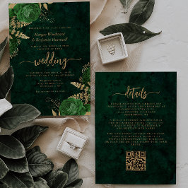 Emerald Green Gold Floral QR Code Hochzeit Einladung