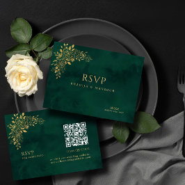 Emerald Green Gold Floral QR Code Wedding RSVP Begleitkarte