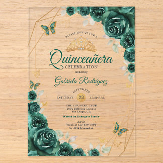 Emerald Green Gold Floral Quinceanera 01 Acryleinladungen