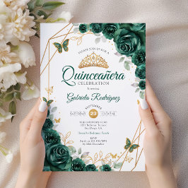 Emerald Green Gold Floral Quinceanera Einladung