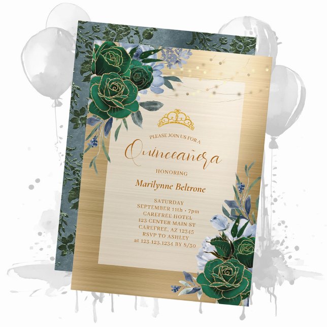 Emerald Green Gold Floral Quinceañera Einladung (Von Creator hochgeladen)