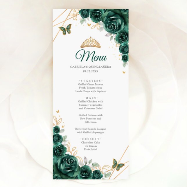 Emerald Green Gold Floral Quinceanera Menükarte (Von Creator hochgeladen)