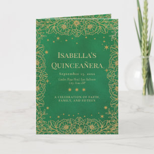Emerald Green Gold Floral Quinceañera Programm