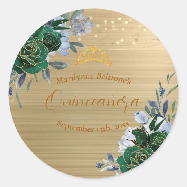 Emerald Green Gold Floral Quinceañera Runder Aufkleber (Vorderseite)