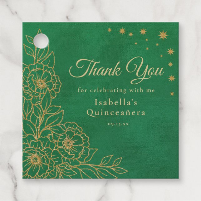 Emerald Green Gold Floral Quinceñera Vielen Dank Geschenkanhänger (Vorderseite)