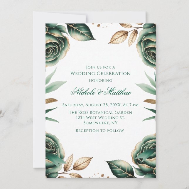 Emerald Green & Gold Floral Wedding Celebration Einladung (Vorderseite)