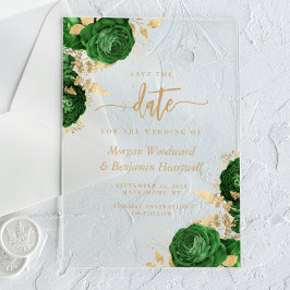 Emerald Green Gold Floral Wedding Save the Date Acryleinladungen