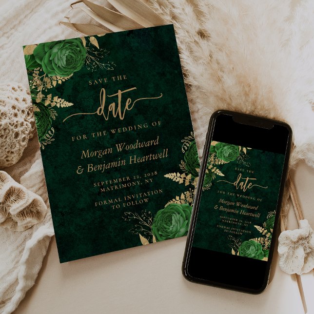 Emerald Green Gold Floral Wedding Save the Date Einladung (Von Creator hochgeladen)