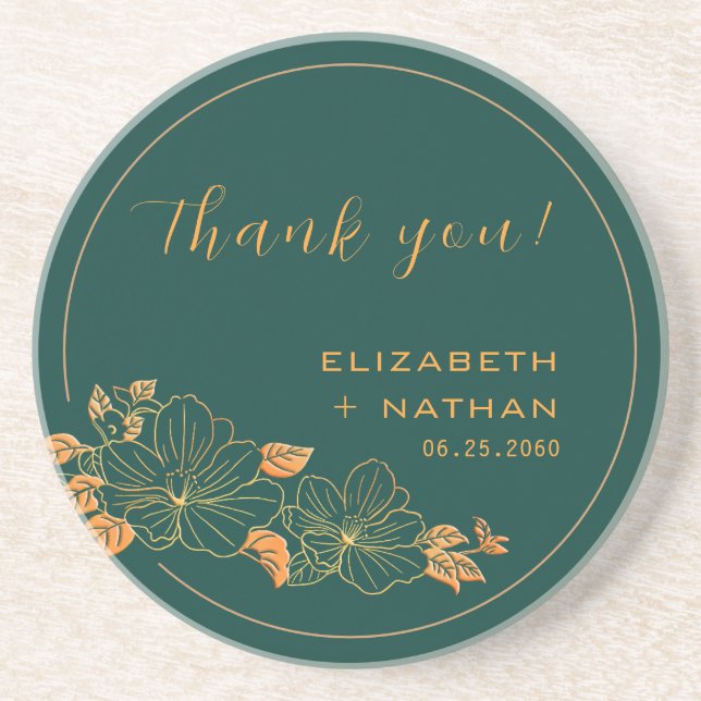 Emerald Green Gold Floral Wedding Vielen Dank Getränkeuntersetzer (Vorne)