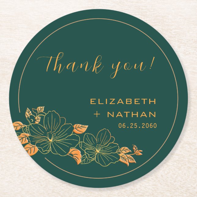 Emerald Green Gold Floral Wedding Vielen Dank Runder Pappuntersetzer (Vorderseite)