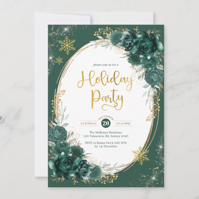 Emerald Green Gold Floral Winter Party Einladung (Vorderseite)