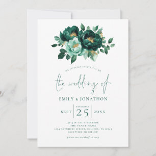 Emerald Green Gold Florals QR Code Wedding Einladung