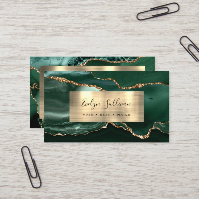Emerald Green Gold Foil Agate Business Card Visitenkarte (Vorderseite/Rückseite Beispiel)