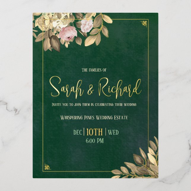 Emerald Green Gold Foil Wedding Folie Einladungspostkarte (Vorderseite)