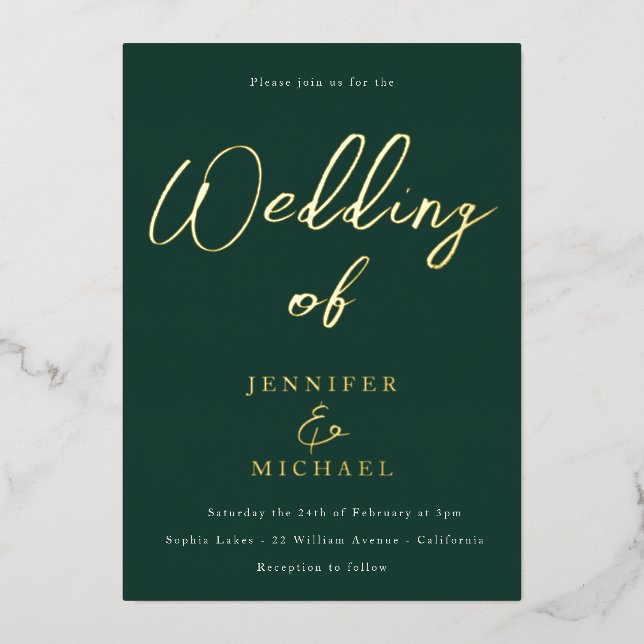 Emerald Green & Gold Foil Wedding Folieneinladung (Vorderseite)
