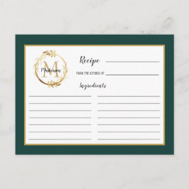 Emerald Green Gold Foliage Monogram Rezept Card Postkarte