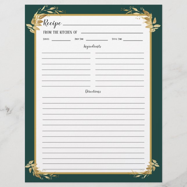 Emerald Green Gold Foliage Rezept Binder Page (Vorderseite)