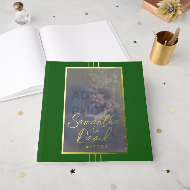 Emerald Green Gold Foto Wedding Foil Gästebuch (Vorderseite Offen)