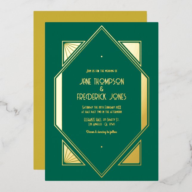 Emerald Green & Gold Gatsby Art Deco Wedding Folieneinladung (Vorderseite/Rückseite)