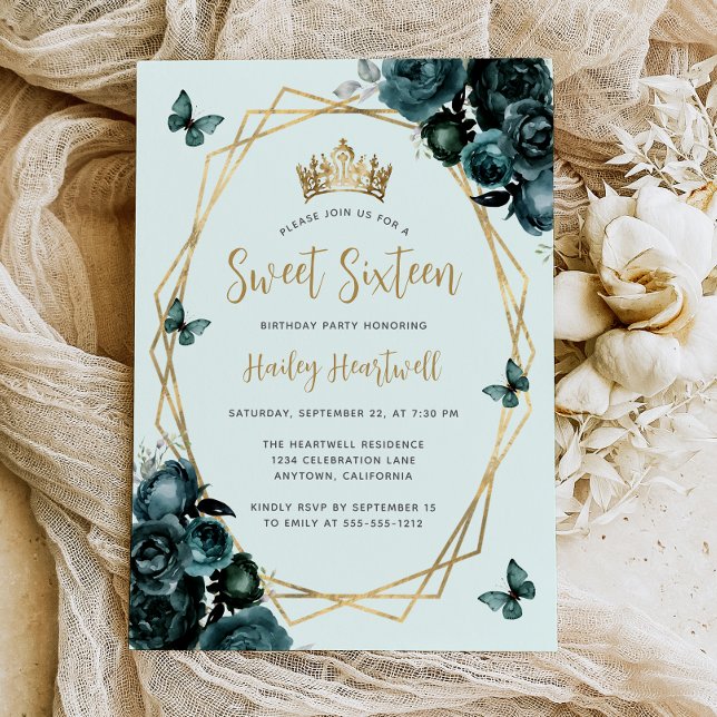 Emerald Green Gold Geometric Floral Sweet 16 Party Einladung (Von Creator hochgeladen)