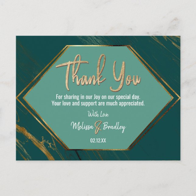 Emerald Green Gold Geometric Marble Vielen Dank Postkarte (Vorderseite)