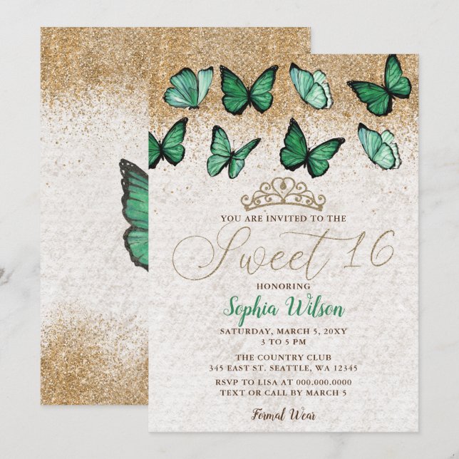 Emerald Green Gold Glitzer Butterfly Sweet 16 Einladung (Vorne/Hinten)