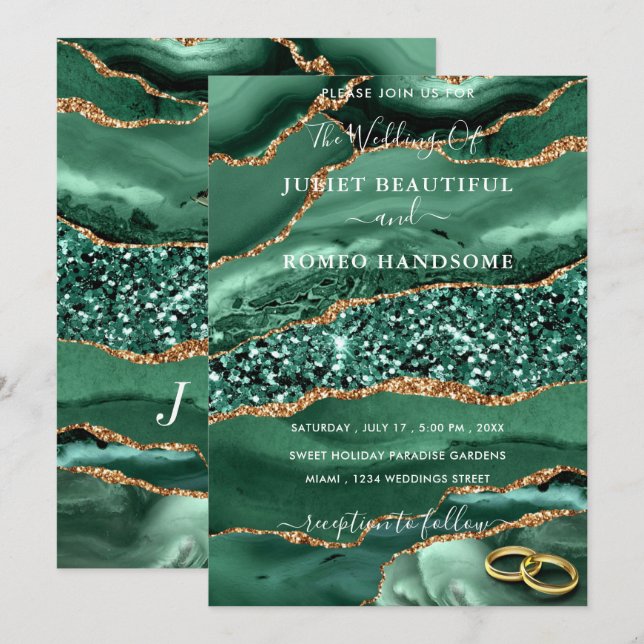 Emerald Green Gold Glitzer Einladung zur Hochzeit (Vorne/Hinten)