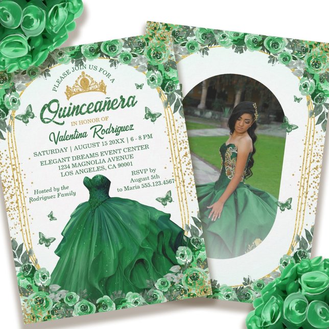Emerald Green Gold Glitzer Floral Quinceanera Einladung (Emerald Green Gold Glitter Floral Quinceanera Invitation)