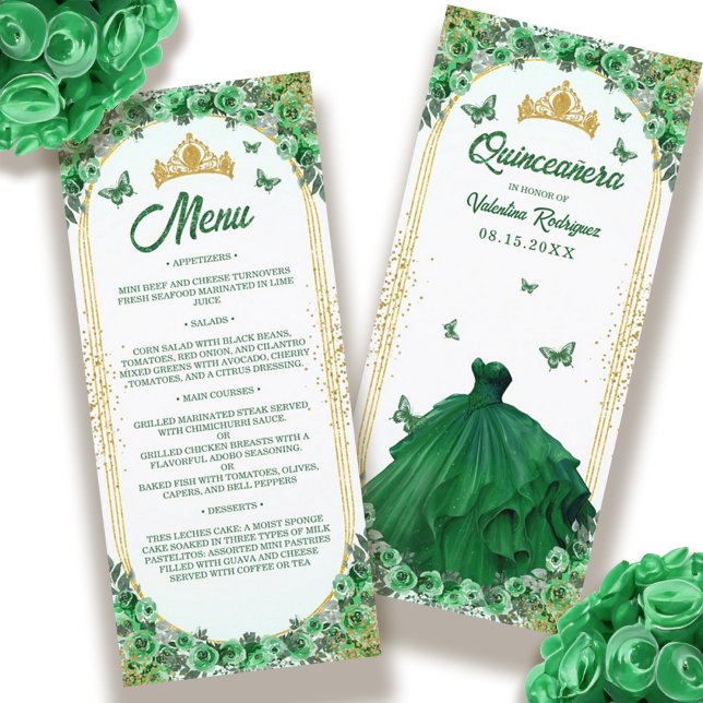 Emerald Green Gold Glitzer Floral Quinceanera Menükarte (Emerald Green Gold Glitter Floral Quinceanera Menu)