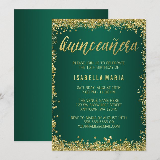 Emerald Green Gold Glitzer Quinceanera 15. Einladung (Vorne/Hinten)