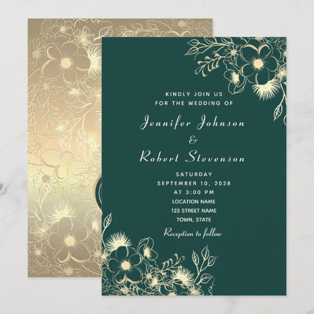 Emerald Green Gold Hochzeitseinladung Einladung (Vorne/Hinten)
