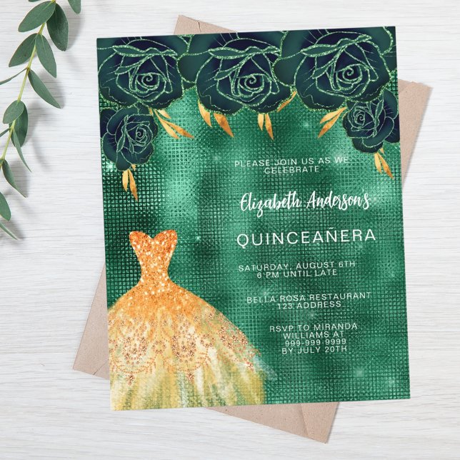 Emerald Green Gold Kleid Quinceanera Einladung (Von Creator hochgeladen)