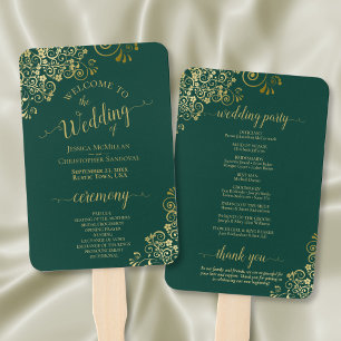Emerald Green & Gold Lace Elegantes Hochzeitsprogr Fächer