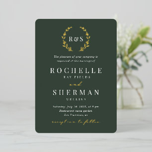 Emerald Green Gold Leaf einfache Monogramm Hochzei Folieneinladung