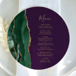 Emerald Green Gold Lila Round Plate Wedding Menu Menükarte<br><div class="desc">Die links Kulisse dieses eleganten,  modernen Hochzeitsmenüs besticht durch einen smaragdgrünen Aquarellstreifen,  der mit vergoldetem Imitat-Glitzer bestickt ist. Der anpassbare Text verbindet goldfarbene whimsical-Handschrift-Skripte mit Copperplate-Schriftart auf einem lila Hintergrund. Die Rückseite ist mit einem smaragdgrünen und goldgelben Dekor ausgestattet.</div>