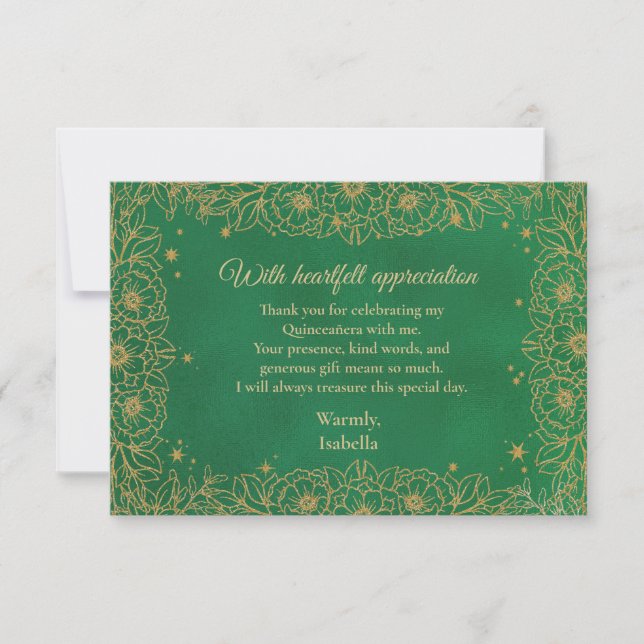 Emerald Green Gold Line Art Floral Quinceañera Dankeskarte (Vorderseite)