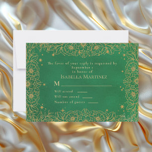 Emerald Green Gold Line Art Floral Quinceañera RSVP Karte