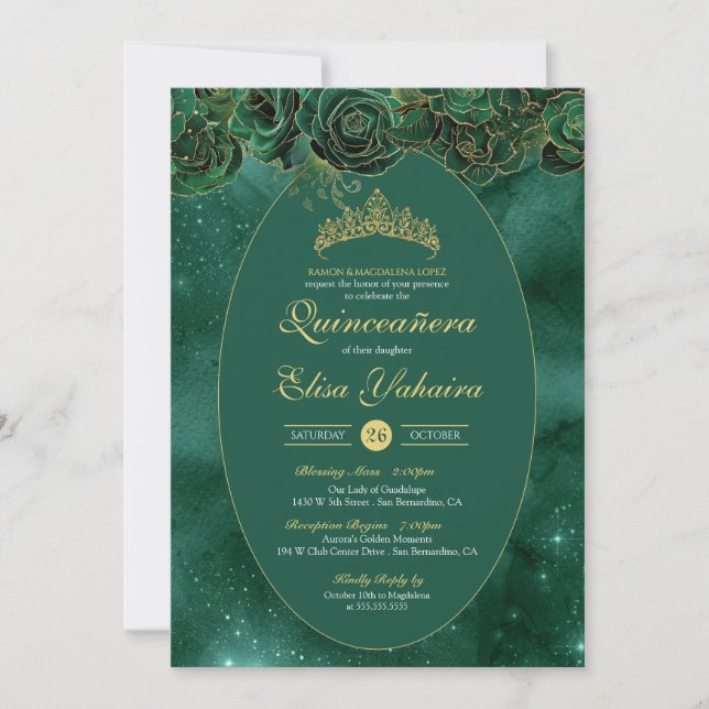 Emerald Green Gold Luxury Elegante Quinceanera Einladung (Vorderseite)