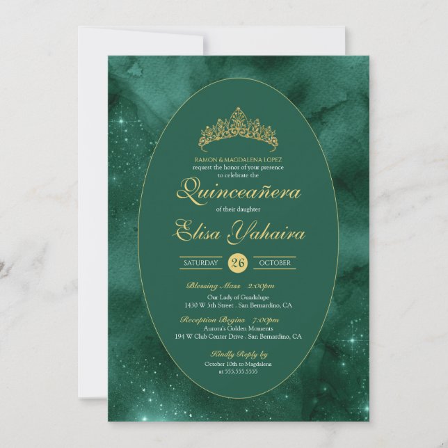 Emerald Green Gold Luxury Elegante Quinceanera Einladung (Vorderseite)