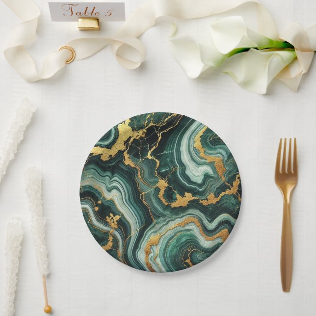 Emerald Green & Gold Marble Look Glam Wedding Pappteller (Hochzeit)
