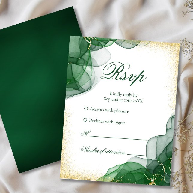 Emerald Green Gold Marble White Wedding RSVP Card Karte (Elegant Emerald Green & Gold Wedding RSVP)