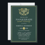 Emerald Green & Gold Masquerade Sweet 16 Party Einladung<br><div class="desc">Emerald Green & Gold Masquerade Sweet 16 Party Einladungen. Mit einer goldenen Folienmaske aus Imitaten oben vor einem smaragdgrünen Hintergrund. Perfekt für eine moderne und dennoch schicke,  süße 16 Geburtstagsparty!</div>